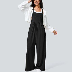 Halara Adjustable Strap Button Multiple Pockets Waffle Casual Overalls Black S
